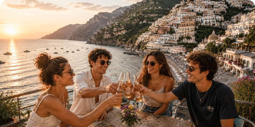 Travellers holding drinks at sunset